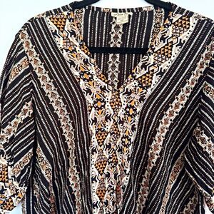 Lola P. Women's M Kimono Blouse Geometric V-Neck Tie-Front Black Orange Rayon
